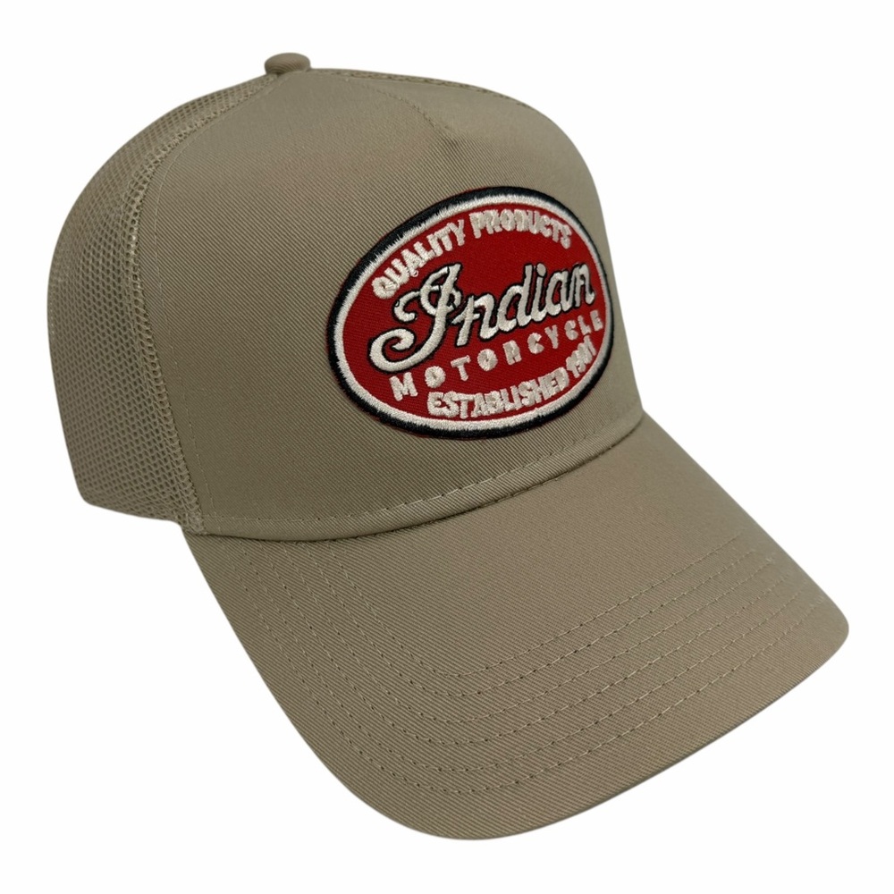 NEW VINTAGE STYLE INDIAN MOTORCYCLES TAN CREAM TRUCKER HAT ADULT TRENDY A FRAME